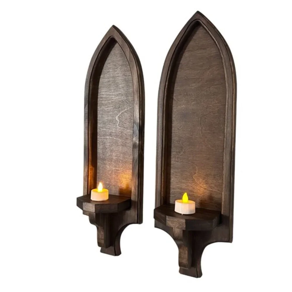 Gothic Arch Wood Wall Sconces Set of 2 Dark Walnut Candle Holders Handmade